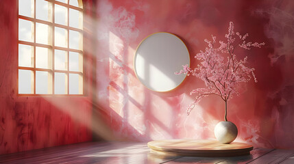 3D Render: Pink Abstract Background with Wooden Podium
