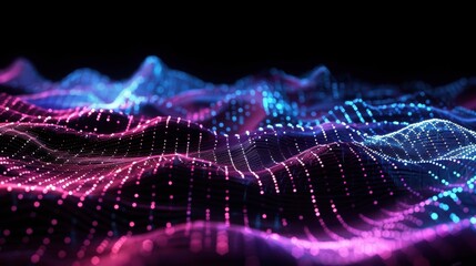 Abstract neon waves of pink and blue on a black background, highlighted with glowing particle effects