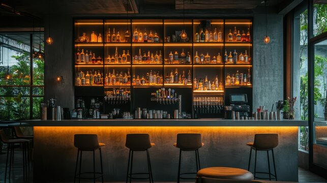 A sleek modern bar counter with high stools, the backlit shelves offering ample space for drink recipes or branding.