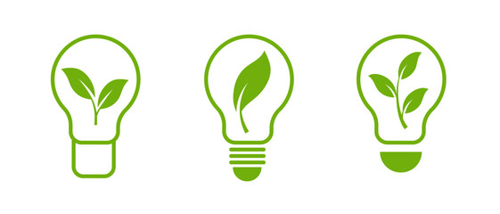 A clean vector icon of a light bulb with a green leaf, representing organic energy, environmental health, and sustainable practices, ideal for eco conscious branding.