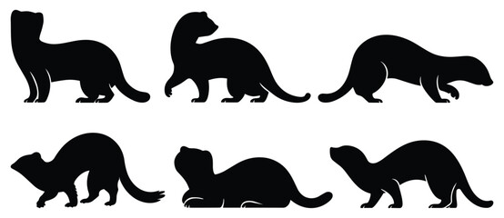 Silhouettes of Ferrets in Various Poses Vector Illustration
