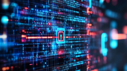 Fototapeta premium A digital representation of a keyhole surrounded by binary code and light trails.