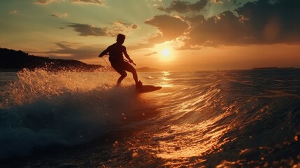 A wakeboarder carves through waves at sunset, showcasing thrilling skill and adrenaline on the water
