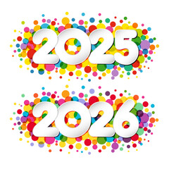 Set of new year horizontal icons 2025 and 2026. Creative concept with colorful bubbles. Sticker concept. Decorative banner. Coloured lines and 3D paper number. Holiday background. Abstract confetti.