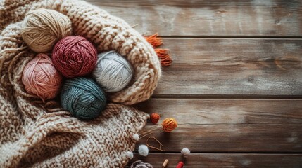 balls of knitting threads on a wooden table
