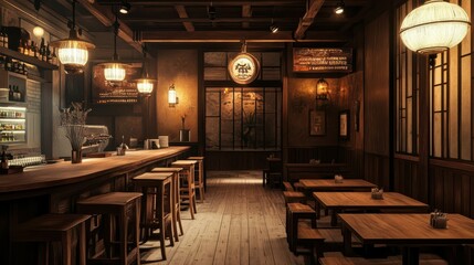 Comfortable Asian Retro Restaurant with Vintage Interior Design and Empty Wooden Tables, Bar and Chairs in Historic City Hall.