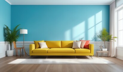 a rendering of a bright yellow couch in a bright blue living room