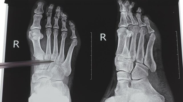 Doctor learning X-ray of foot fingers. Radiography foot bones. Metatarsal, Tarsals, Phalanges bone. Treatment of Sprains and dislocations of the muscles and bones of the foot. 4k footage.