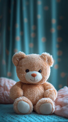 Adorable teddy bear on a cozy bed with a teal polka-dot curtain background. Soft lighting highlights its fluffy texture, creating a warm and comforting atmosphere, perfect for children's decor or gift