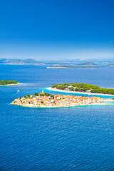 Panoramic view of town of Primosten in Croatia, turquoise Adriatic archipelago