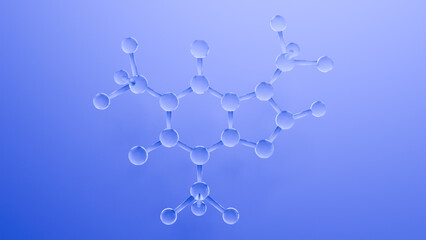 Chemicly accurate molecule of caffeine made of transparent frosty glass material isolated on a blue background, 3D render