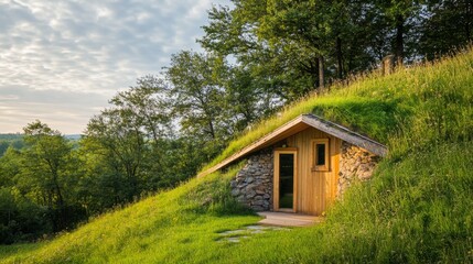 Fototapeta premium Earthy Retreat Cabin nestled in a Lush Hillside