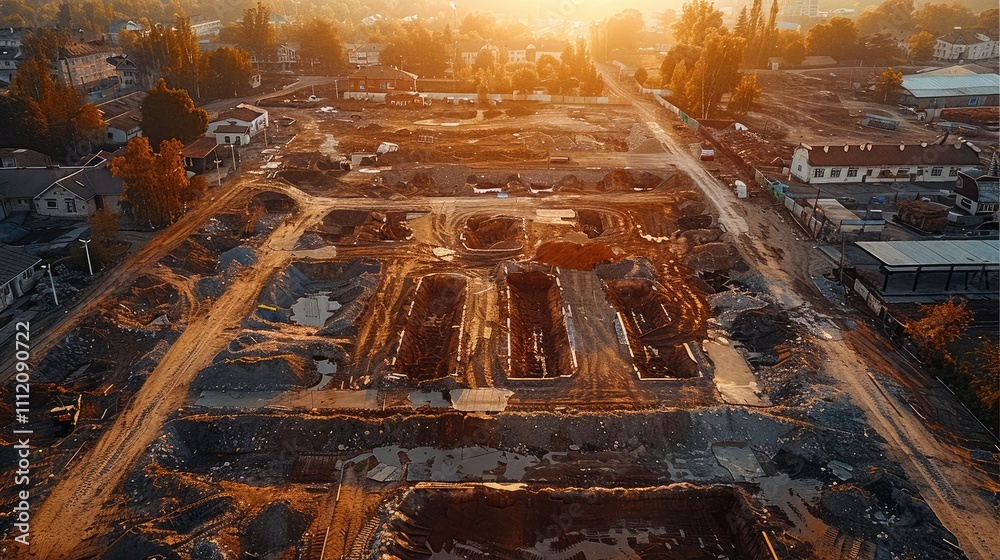 Poster Landscape of a construction site with empty space in the middle. Aerial high view.