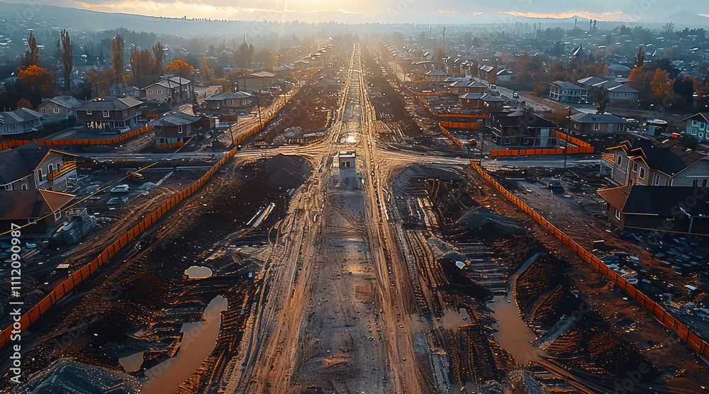Aufkleber landscape of a construction site with empty space in the middle. aerial high view.