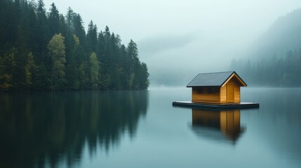 Obraz premium Tranquil Floating Cabin on a Misty Lake