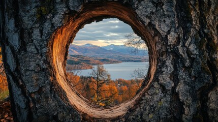 Scenic autumn landscape viewed through a hole in a tree trunk.