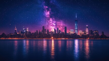 Fototapeta premium A stunning night skyline of a city under a vibrant Milky Way backdrop.