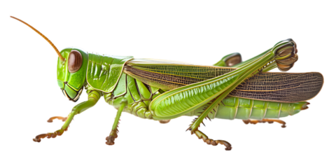Detailed close-up of a vibrant green grasshopper on a white background showcasing its intricate anatomy and texture