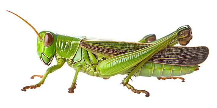 Detailed close-up of a vibrant green grasshopper on a white background showcasing its intricate anatomy and texture
