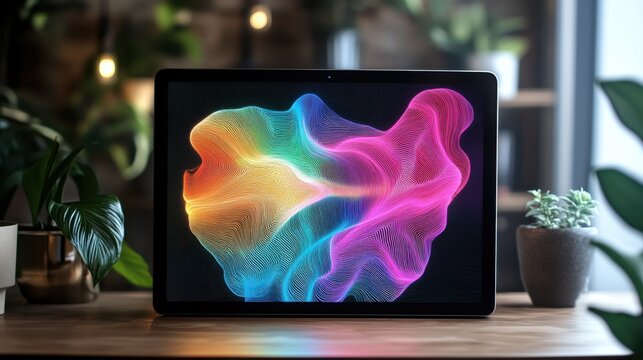 A vibrant composition of generative art featuring colorful, flowing patterns created by an AI algorithm, displayed on a sleek digital tablet, set against a minimalist workspace - Powered by Adobe