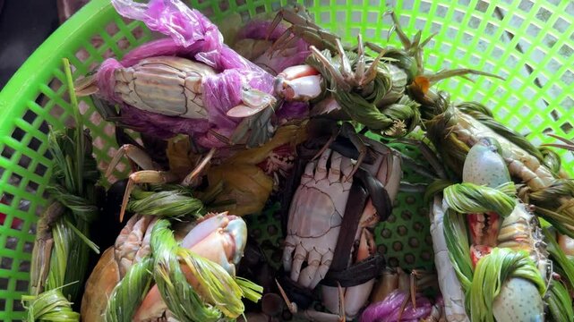 Frische Krabben aus dem S&uuml;dchinesischen Meer angeboten in der Markthalle von Hoi An in Vietnam