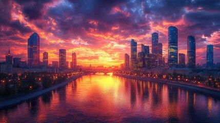 Fototapeta premium A stunning sunset over a city skyline reflecting in a river, showcasing vibrant colors.