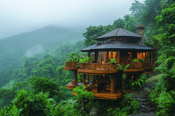 Luxurious Rainforest Treehouse Overlooking Misty Mountains