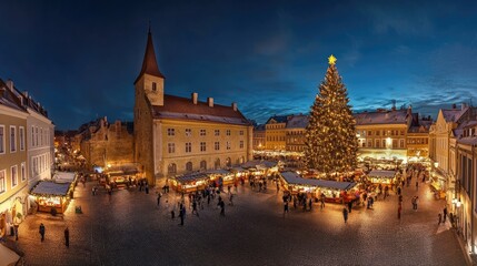 Obraz premium Festive Christmas Market Scene with Illuminated Tree at Dusk