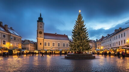 Obraz premium Festive Christmas Market Scene with Illuminated Tree at Dusk
