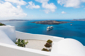 White architecture in Santorini island, Greece. Beautiful terrace with sea view.