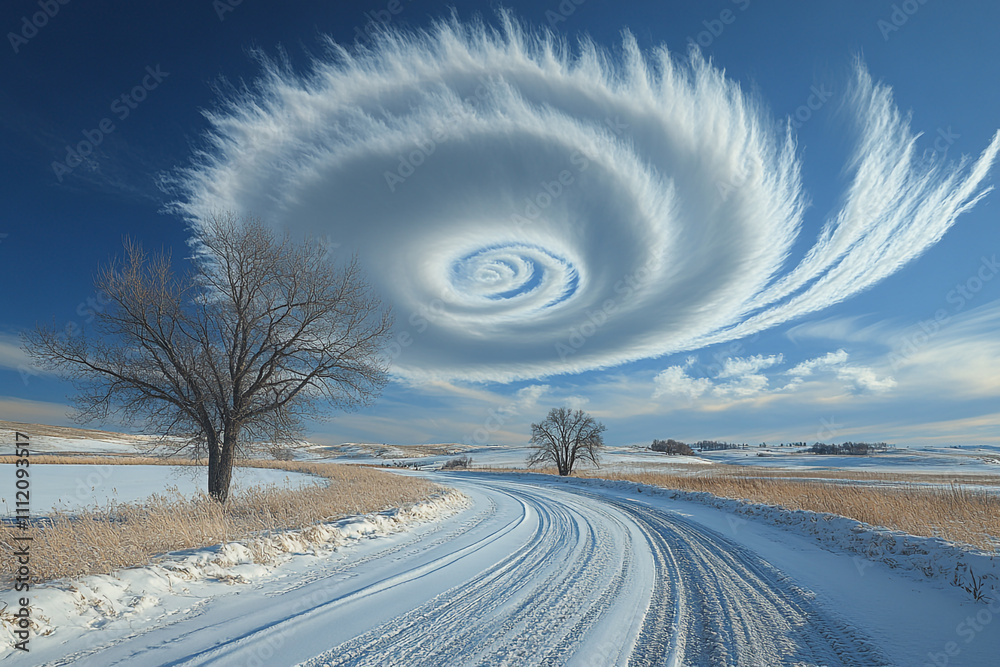 Poster Winter wonderland road scene with swirling cloud formation