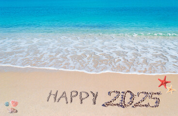 happy 2025 on a tropical beach