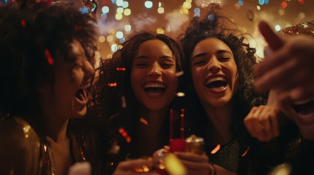 Celebrating New Year 2025 with diverse friends in a festive gathering filled with joy and laughter