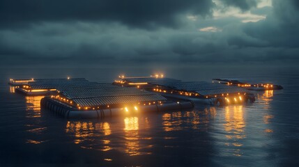 Fototapeta premium A group of floating structures are lit up at night, creating a serene and peaceful atmosphere. The water is calm and the sky is cloudy, adding to the overall mood of the scene