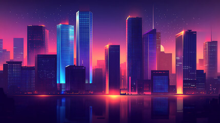 Modern skyscraper illuminated by city lights at night