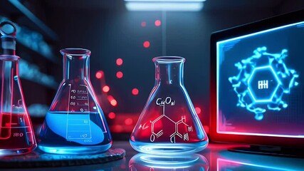 Laboratory scene with colorful flasks and a digital display of chemical structures. - Powered by Adobe