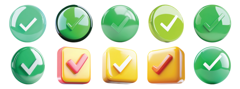 Pack 3d Tick Mark set against transparent background for Confirmation or Approval Themes