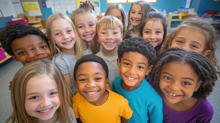 Fototapeta premium Class selfie in an elementary school. Kids taking a picture together in a co-ed school