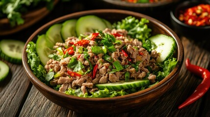Freshly Made Salad with Ground Meat, Herbs, and Spicy Peppers