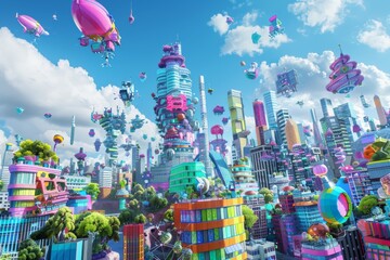 A bustling, colorful futuristic city filled with whimsical flying airships and vibrant, modern skyscrapers, depicting innovation and urban development.