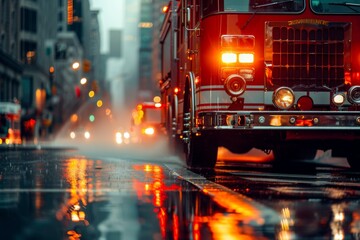 An extreme closeup shot of a firetruck focuses on its shiny details and lights, amplified by the reflective sheen of a wet city street, creating a dramatic urban scene.