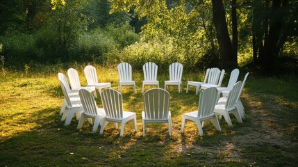 Circle of white wooden chairs in a serene outdoor setting, concept of group therapy, community gathering, support meetings