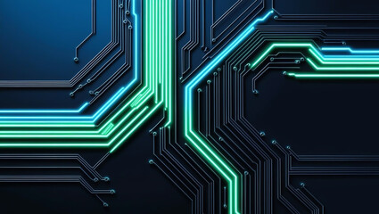 Abstract circuit board with glowing neon pathways and blue gradient artificial intelligence