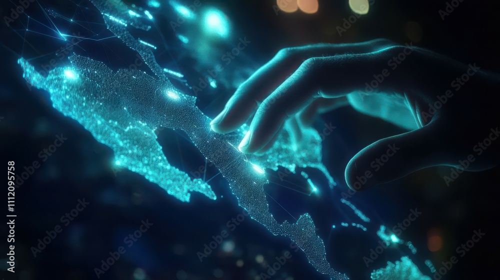 Poster hacker hand using glowing digital blue map on dark background. global connection network and interfa