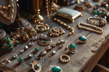 An assortment of unique vintage jewelry with green stones arranged on a rustic wooden surface, conveying an antique and artisanal character.