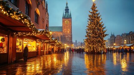Sparkling Christmas Market with Illuminated Tree and Historic Clock Tower