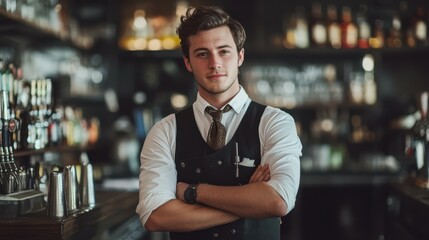 Fototapeta premium handsome young bartender, waist-length portrait. Dynamic perspective
