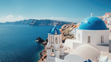 Serene View of Blue Dome Church Overlooking Santorini Coastline