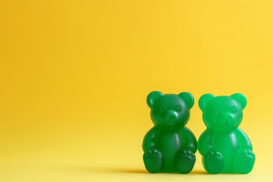 This minimalist image presents two green gummy bears in a striking contrast against a bright yellow background, emphasizing simplicity and playful elements.