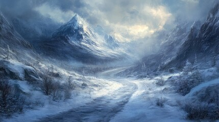 Path in mountains covered with snow.
